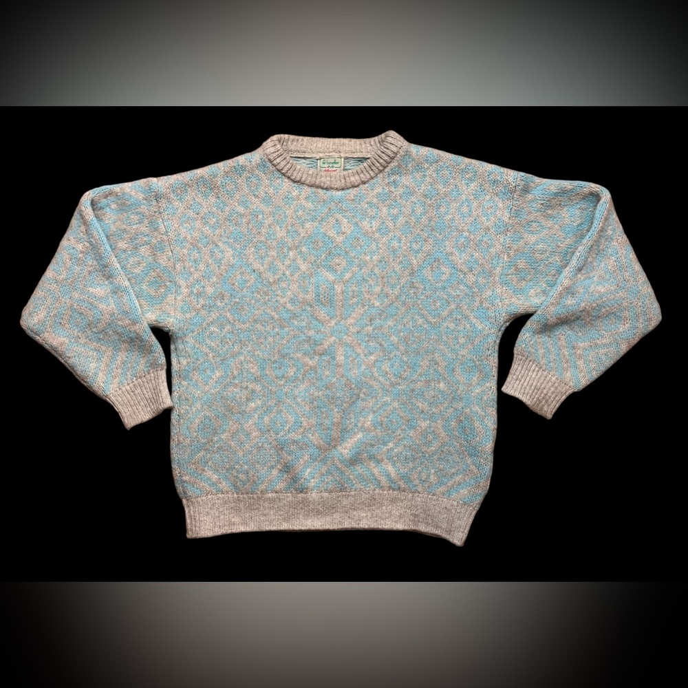 Benetton Vintage Sweater Size 48 Made in Italy Shetland Wool Natural & Blue